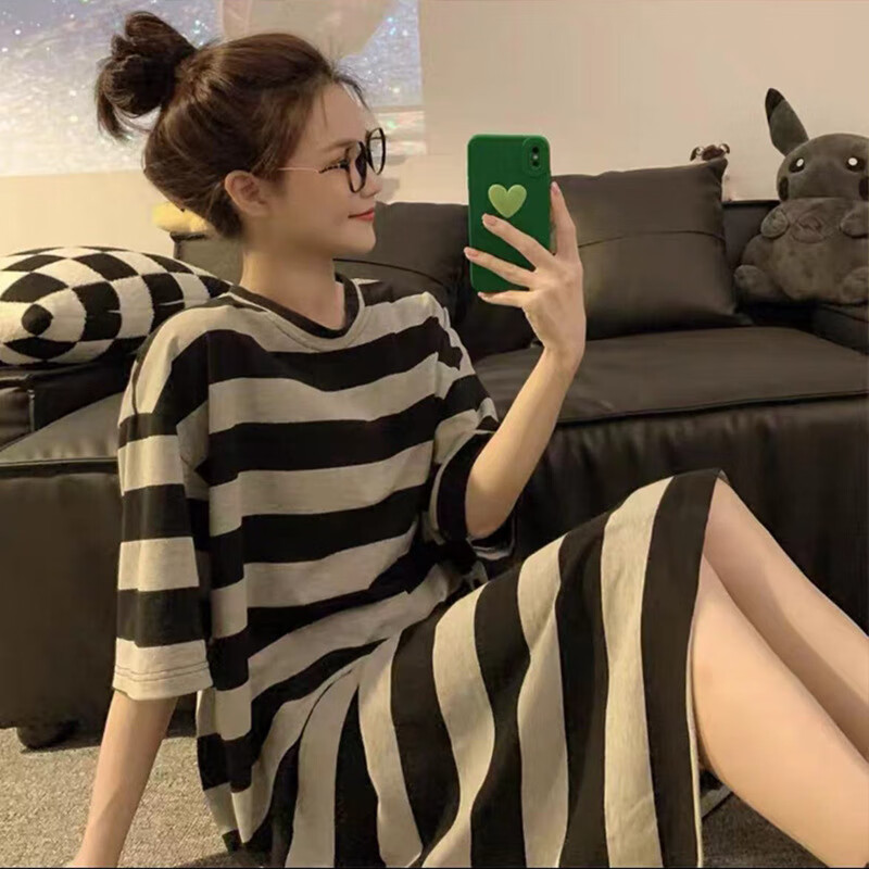 【现货现发】睡裙女夏季短袖长款可爱熊睡衣薄款连衣裙 0006粉色熊 XL 码【建议120-140斤】