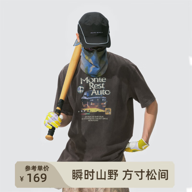 瞬时山野Monterest复古街头vintage古着感赛车印花全棉短袖T恤男 炭灰 L