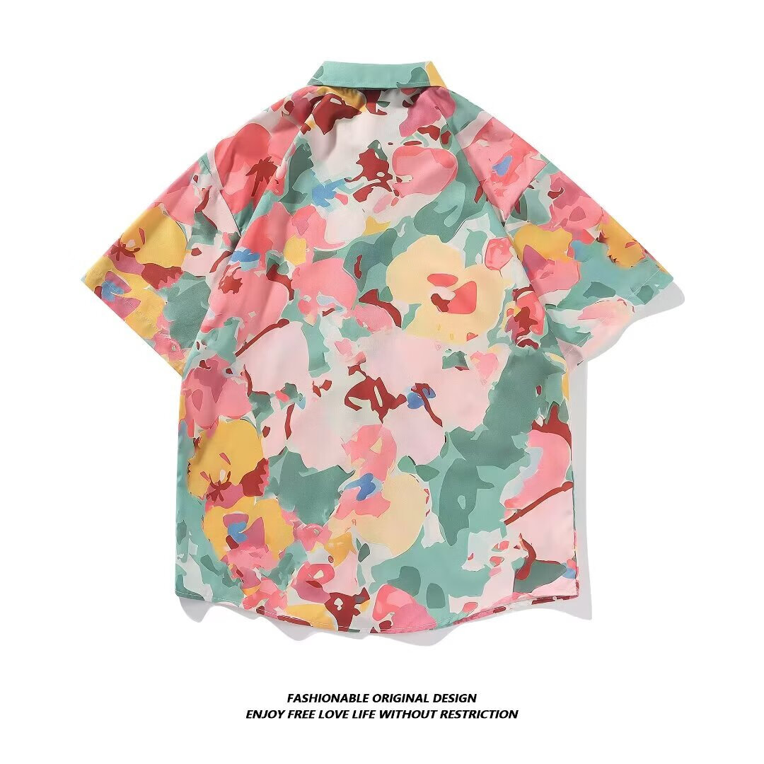 【精选】夏季短袖花衬衫海南岛度假花衬衫男情侣花设计感油画满印 图色 2XL