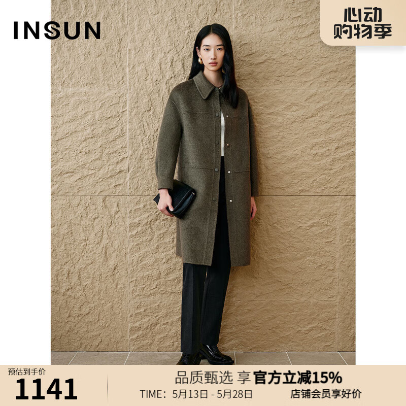 INSUN恩裳專選2024冬季復(fù)古羊毛羊駝毛毛呢大衣 橄欖綠 L