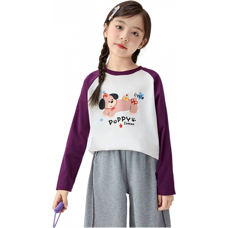 茵曼（INMAN）童裝女童長(cháng)袖T恤25秋中大童圓領(lǐng)休閑打底衫時(shí)尚印花 紫色 120 cm