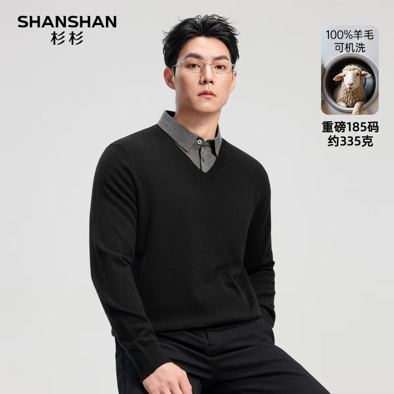 SHANSHAN杉杉可机洗100%绵羊毛衫男秋冬厚款假两件翻领针织衫男士保暖毛衣 黑色 L /175