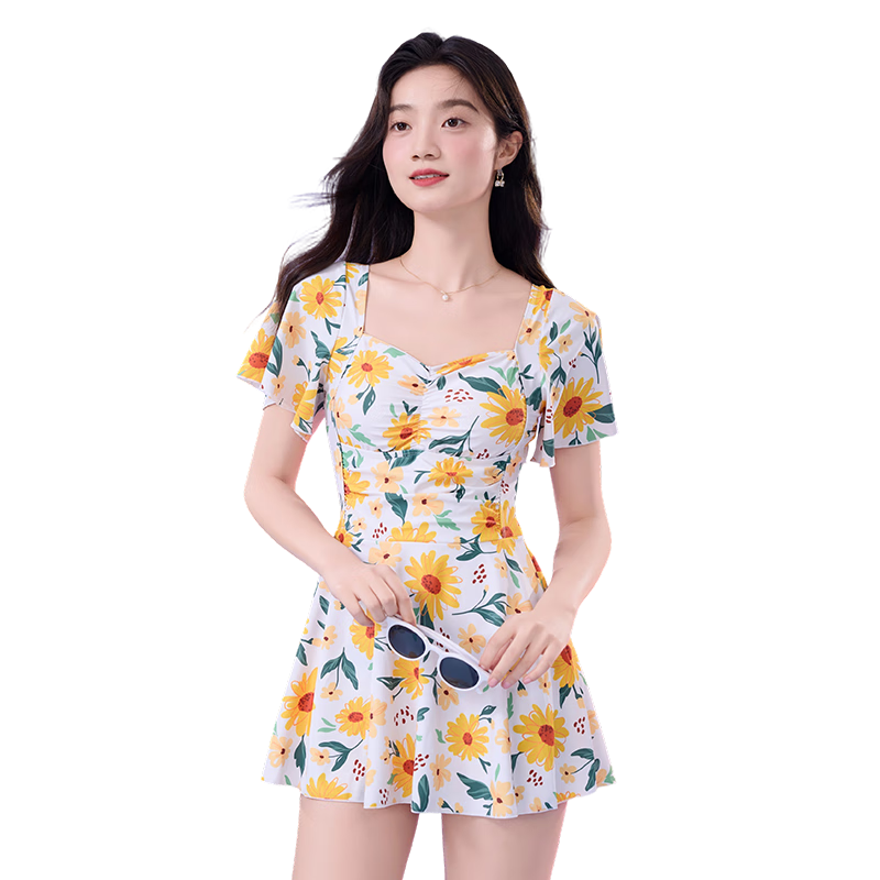 浪莎（LangSha）泳衣女連體裙式保守游泳衣ins純欲風(fēng)遮肉顯瘦沙灘裙泡溫泉泳裝