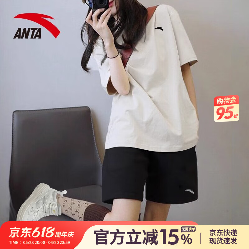 安踏运动套装女夏季新款宽松休闲短袖短裤冰丝透气百搭中考速干t恤女 纯净白/基础黑【运动百搭】 M 【男女同款】