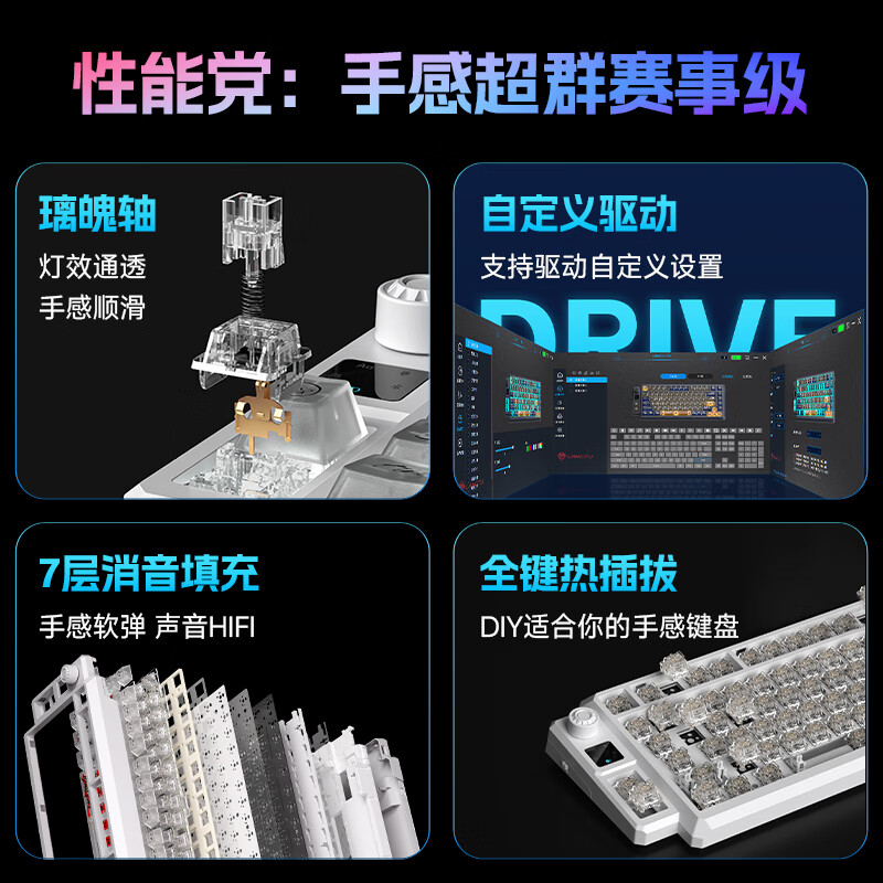 狼途T75三模透明键盘高颜值机械键盘雾透键帽无线蓝牙有线客制化电竞游戏键盘 狂飙光迹-璃魄轴-三模10000mAh