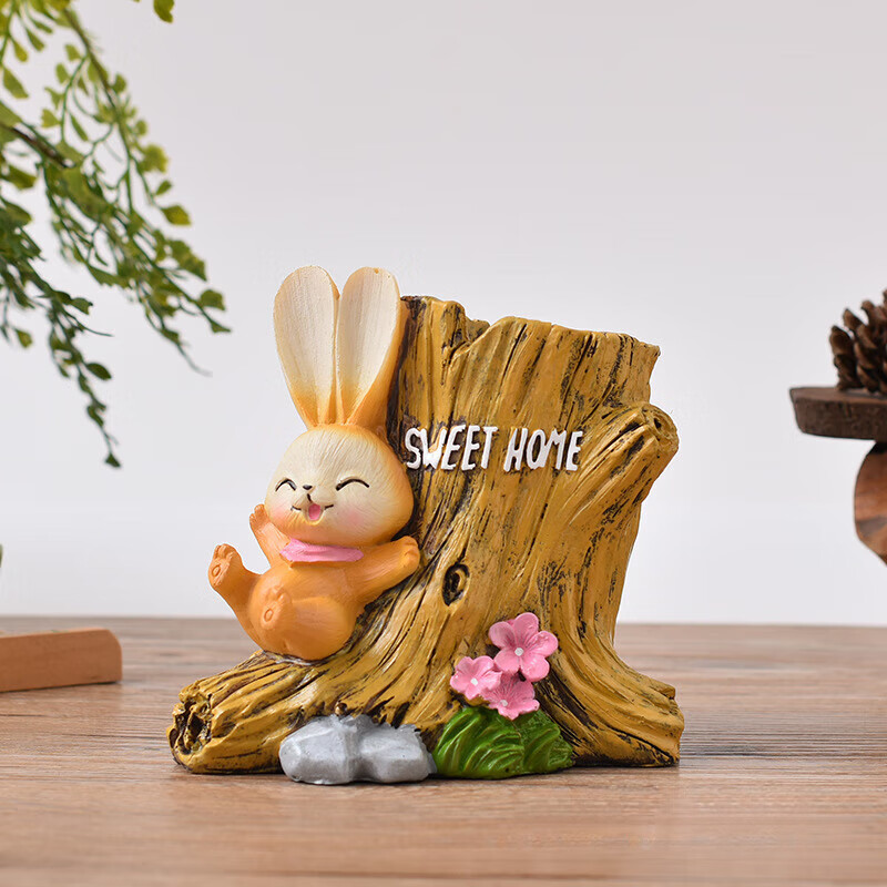 【严选直发】树脂工艺品笔桶工艺品摆件萝卜兔子笔筒创意桌面摆件 兔子树根 11*14*13
