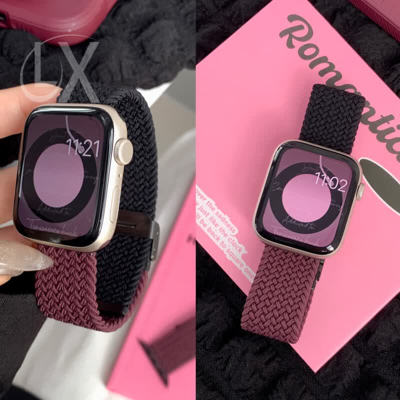 适用S11苹果手表表带尼龙编织简约拼色s10运动腕带applewatch678磁吸扣iwatchs9透气SE情侣Ultra2 编织黑扣黑配绛樱桃紫 适用s10/s11通用 42mm