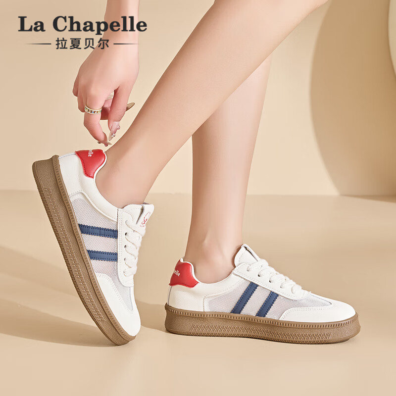 拉夏贝尔女鞋徳训鞋女网面透气小白鞋低帮厚底轻便简约休闲徳训鞋子女 蓝红 37