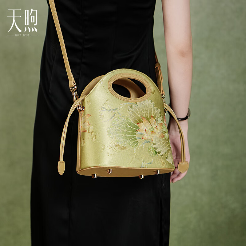 天煦新中式国风印花真丝女包单肩水桶包手拎包配旗袍汉服包斜挎包小包 芥末绿-桑蚕丝印花-送礼品袋