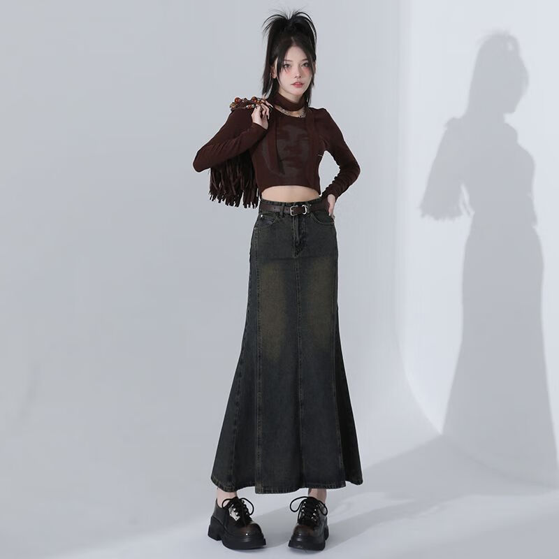 妃施宣美式复古牛仔半身裙女春秋季新款高腰包臀裙A字显瘦鱼尾中长裙子 水泥灰显瘦鱼尾款 XS  (适合8390斤)