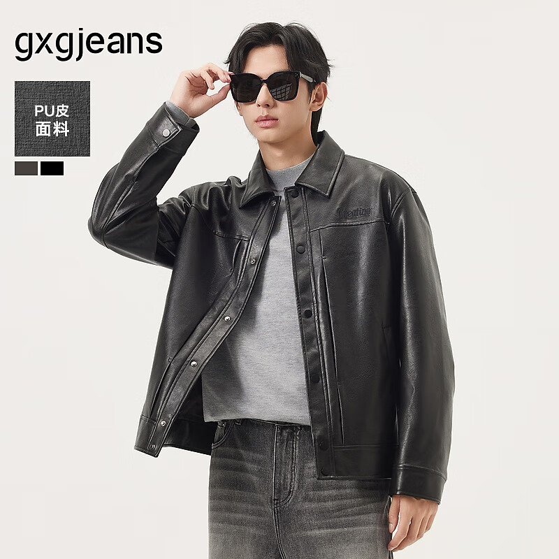 gxg.jeans男装* 双色复古pu皮美式简约夹克外套男生 25秋新品 黑色 XL (180)
