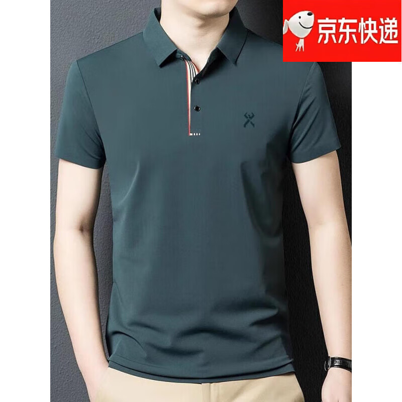 劲霸男装（K-Boxing）官方旗舰男装男士t恤短袖夏季薄款桑蚕丝中年男装休闲翻领polo衫 墨绿 S 165码
