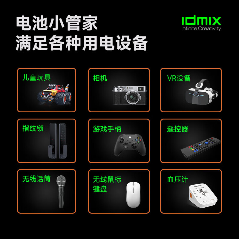 IDMIX充电电池5号锂离子电池套装大容量5号AA锂电池3000mWh快速充电8仓8粒摇控器玩具相机话筒血压计用 混合装4粒5号+4粒7号+8仓充电套装