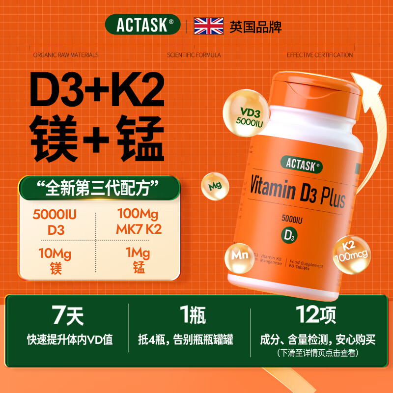 ACTASK维生素D3K2镁三合一维他命D3成人男女备孕中老年青年vd3补钙 60粒/瓶【推荐拍3瓶全家享用】