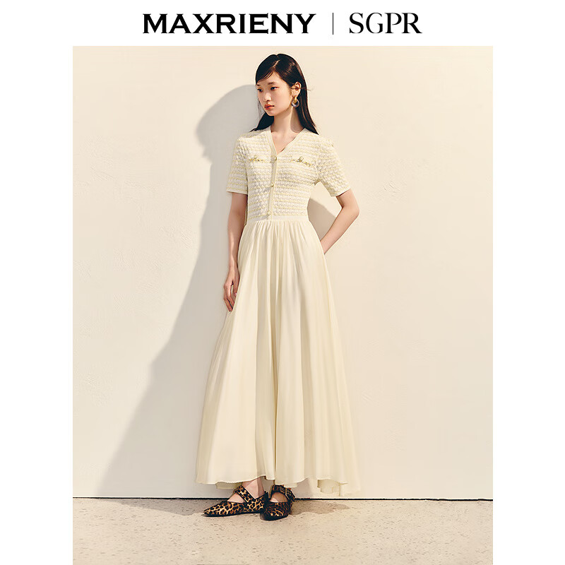 MAXRIENY【商场同款】精致千金风收腰x型连衣裙25夏针织温柔长裙 米白A20 L