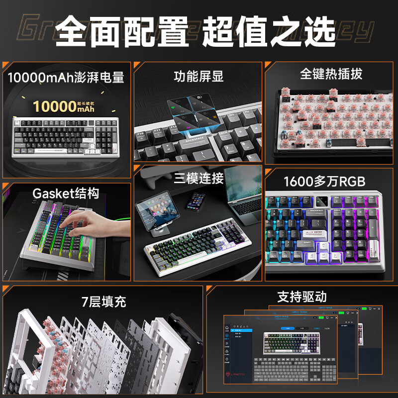 狼途T98无线三模机械键盘Gasket客制化全键热插拔全键无冲蓝牙有线高颜值游戏电竞办公码字键鼠套装 硝基玩家-碎星轴-三模1万mAh