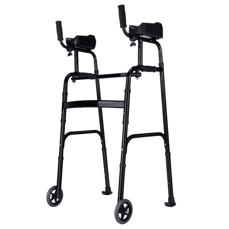 HOEA德國助行器老人助力行走器骨折助步器偏癱康復訓練輔助器防摔推車(chē) 升級帶臂托+2輪+雪橇腳墊-高級黑