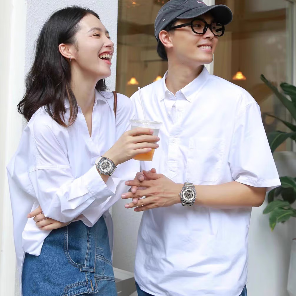 潮女必备时尚酷男女式陀飞轮全自动机械腕表男镂空运动防水送礼物 银白白带