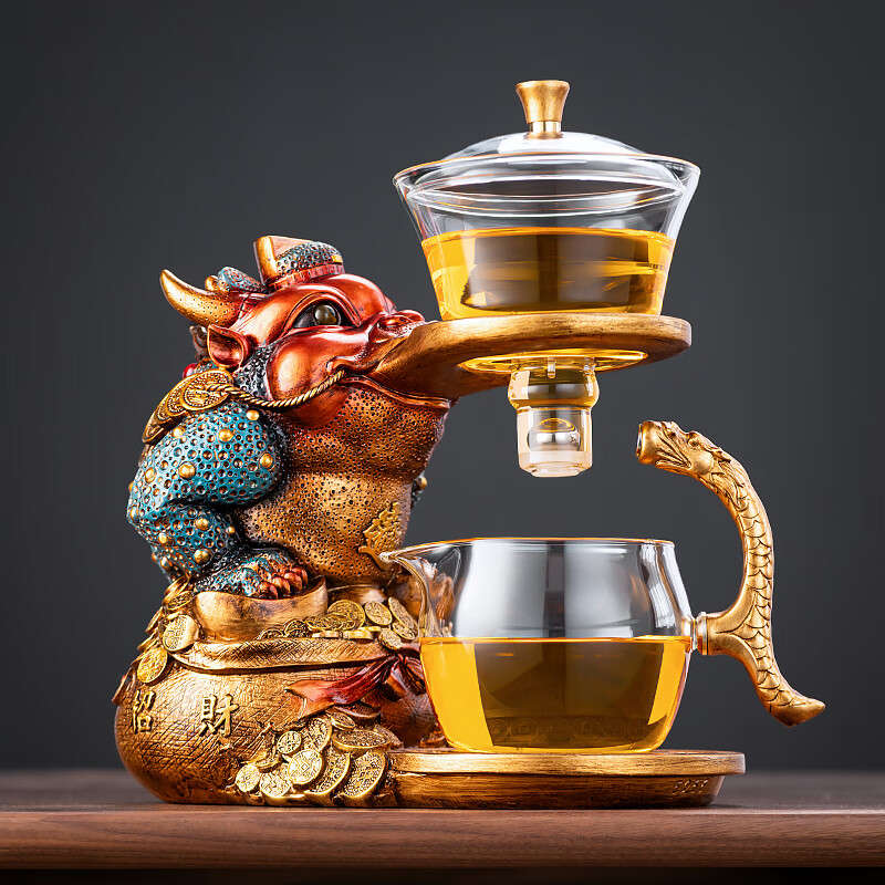正扬玻璃自动茶具套装懒人泡茶器全套家用高档整套磁吸防烫透明商务礼 自动（招财金蟾）主机+六色把杯
