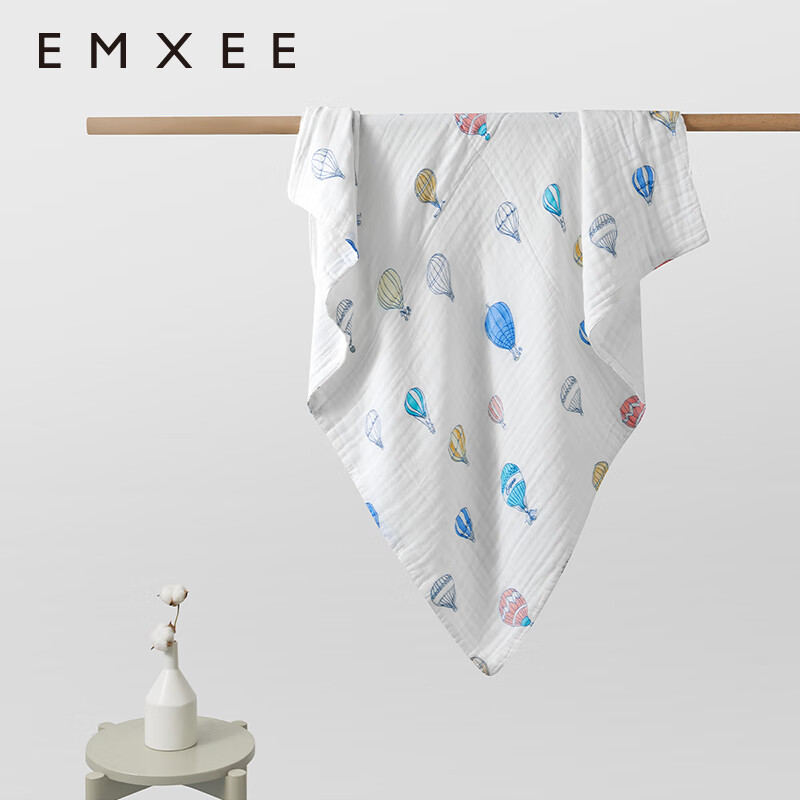 嫚熙（EMXEE）婴儿纱布浴巾纯棉宝宝新生儿童浴巾大尺寸洗澡包裹包巾 气球岛 110×110cm