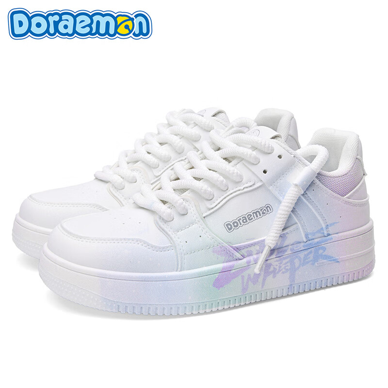 哆啦A梦板鞋男鞋冬季新款趣味涂鸦小白鞋厚底增高情侣款休闲鞋子男 复古白（梦幻紫） 44
