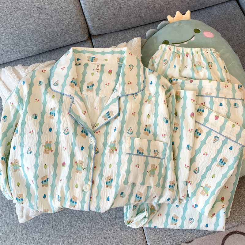 维多利亚的格调可爱小狗睡衣女春秋款云朵棉纱2025年新款开衫夏季家居服套装 云朵棉-J1810#彩色波点蓝边 M 【建议75-100斤】