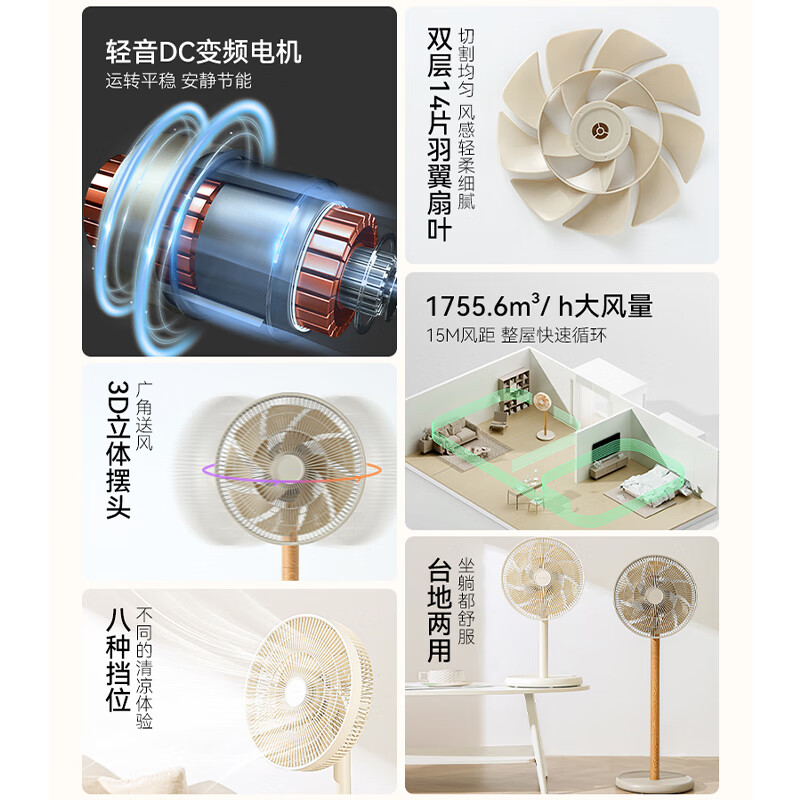 MUSUTAKU摩舒卡果岭电风扇家用空气循环风扇遥控14叶落地扇立式轻音一级节能大风量电扇卧室台立两用电风扇 【25年新款丨果岭风典雅白】MSK-C1