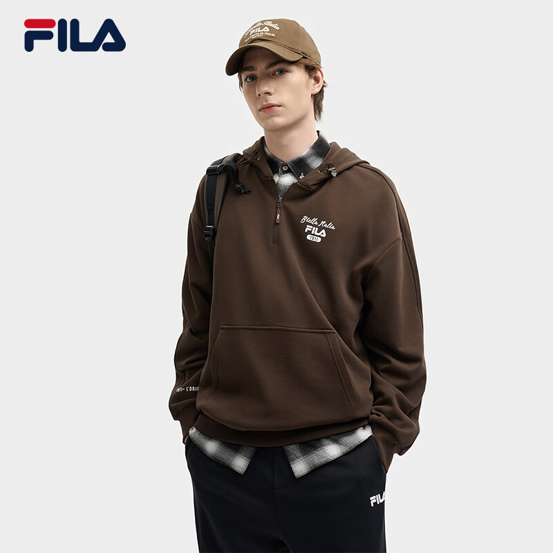 FILA 斐乐官方男装连帽卫衣2025秋季新款休闲宽松纯棉针织长袖上衣 深土色-BN L 175/96A/L