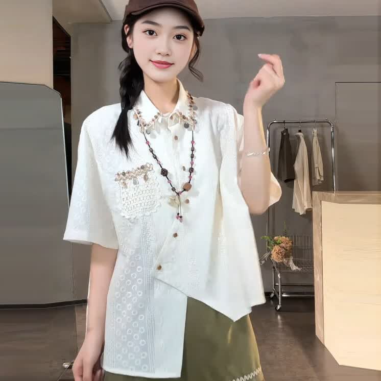 潮梦城短袖衬衫女大码胖mm设计感不规则开叉polo领短袖衬衫女夏季洋气绝 白色 L
