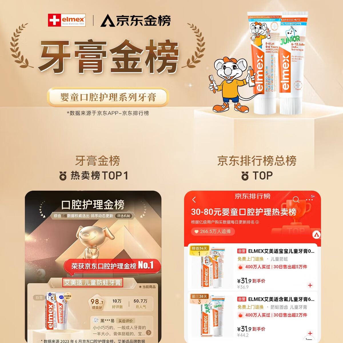 ELMEX艾美适宝宝儿童牙膏0-6岁奥拉氟专效防蛀 50ml*2支装套装