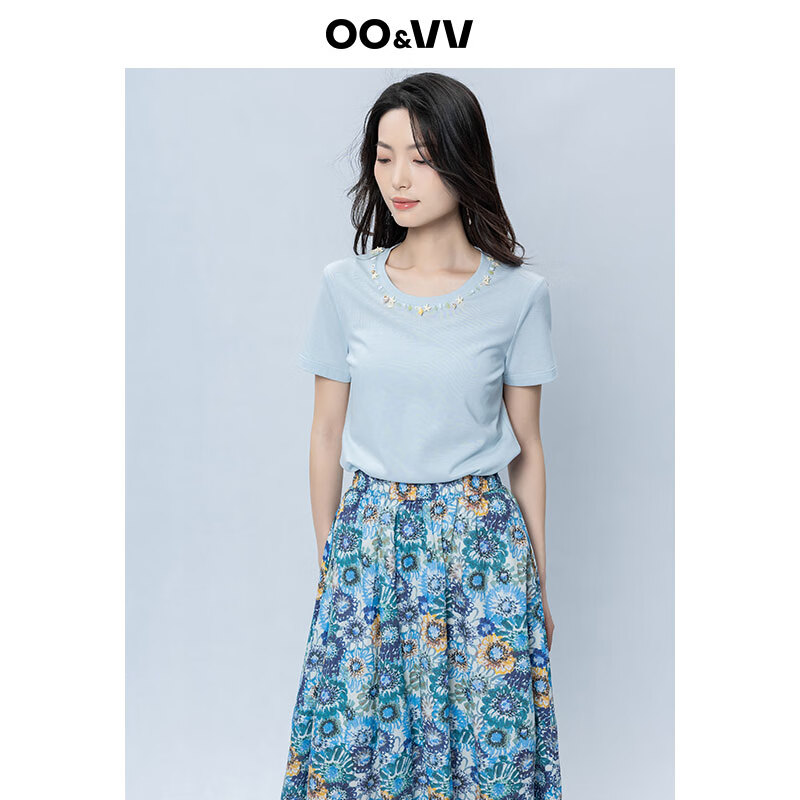 OO&VV设计感海星饰品项链圆领短袖T恤女2025夏修身显瘦休闲上衣新 天空蓝 S 京东折扣/优惠券