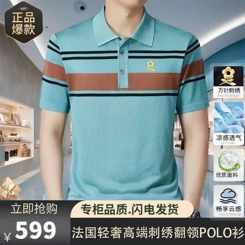 梦特娇法国进口梦特娇短袖t恤男2025新款翻领商务休闲桑蚕丝半袖体恤衫 苹果绿 4XL (190)