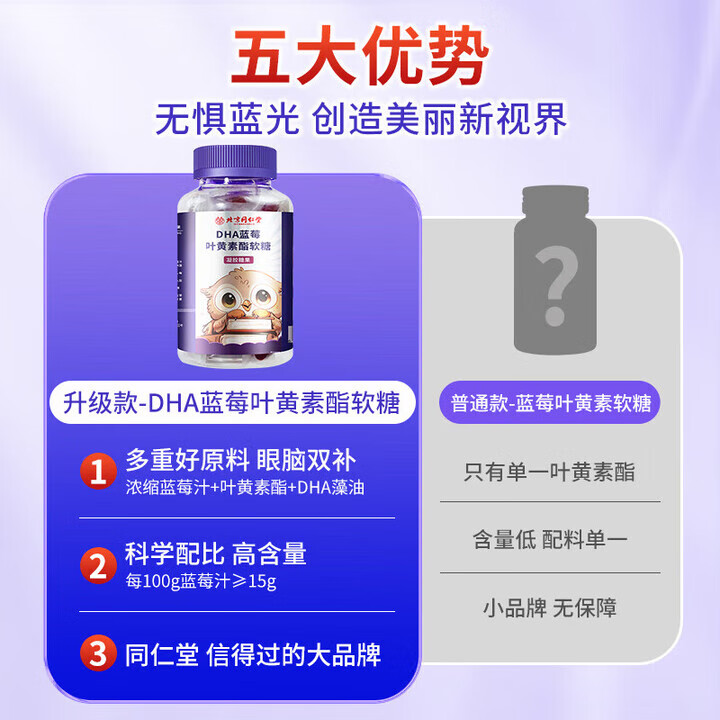 朕皇北京同仁堂蓝莓叶黄素酯软糖dha保护儿童保护青少年眼视力软糖 【2瓶见效装】