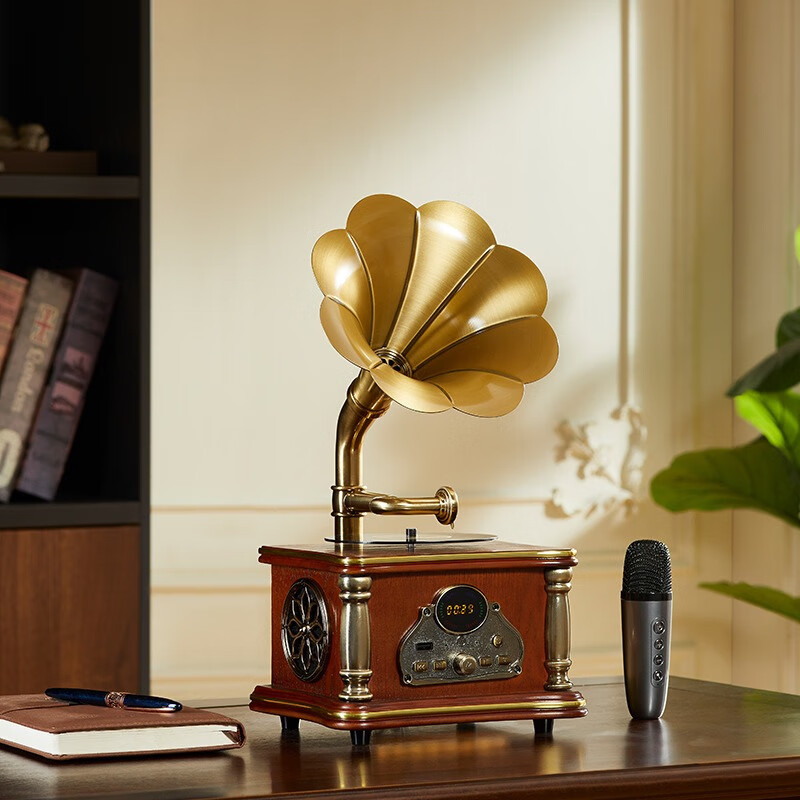 欧蒂诺留声机音箱一体机复古桌面蓝牙音响播放器K歌麦克风装饰摆件礼物 胡桃色带麦克风充插两用-赠U盘