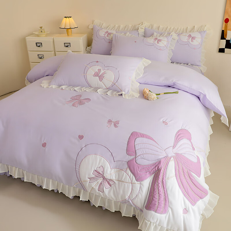诸禄儿童磨毛床裙款四件套女孩亲肤贴布绣蝴蝶结被套单人女童2025新款 浪漫告白-紫 床单款 2.0m床单四件套被套220*2