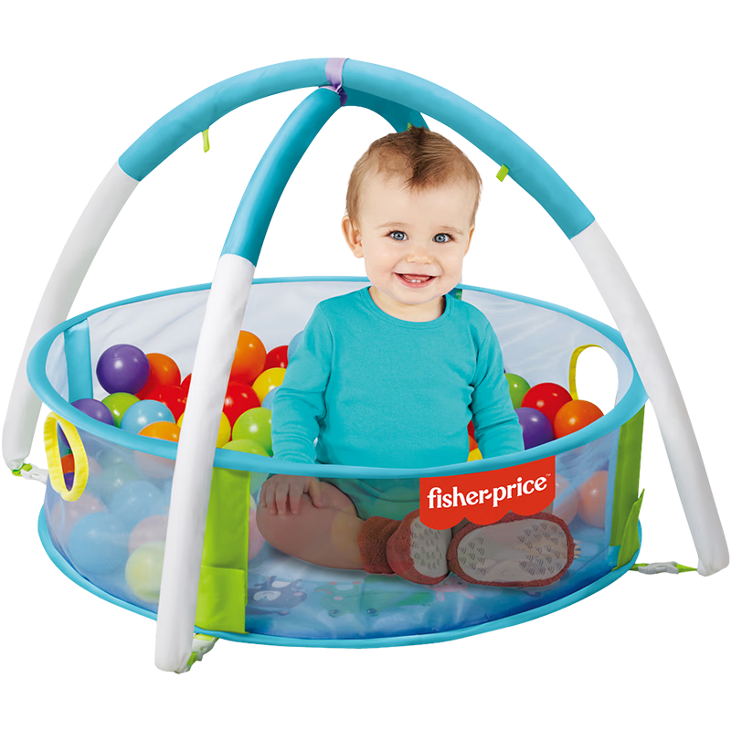 費雪(Fisher-Price)兒童海洋球池健身架二合一 嬰兒圍欄游戲屋(配35個(gè)海洋球)LR4141