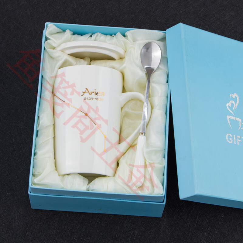 布丁瓷藝（BUDINGCIYI）創(chuàng)意星座馬克杯陶瓷帶蓋勺辦公室咖啡杯情侶茶杯 白羊 白 401-500ml