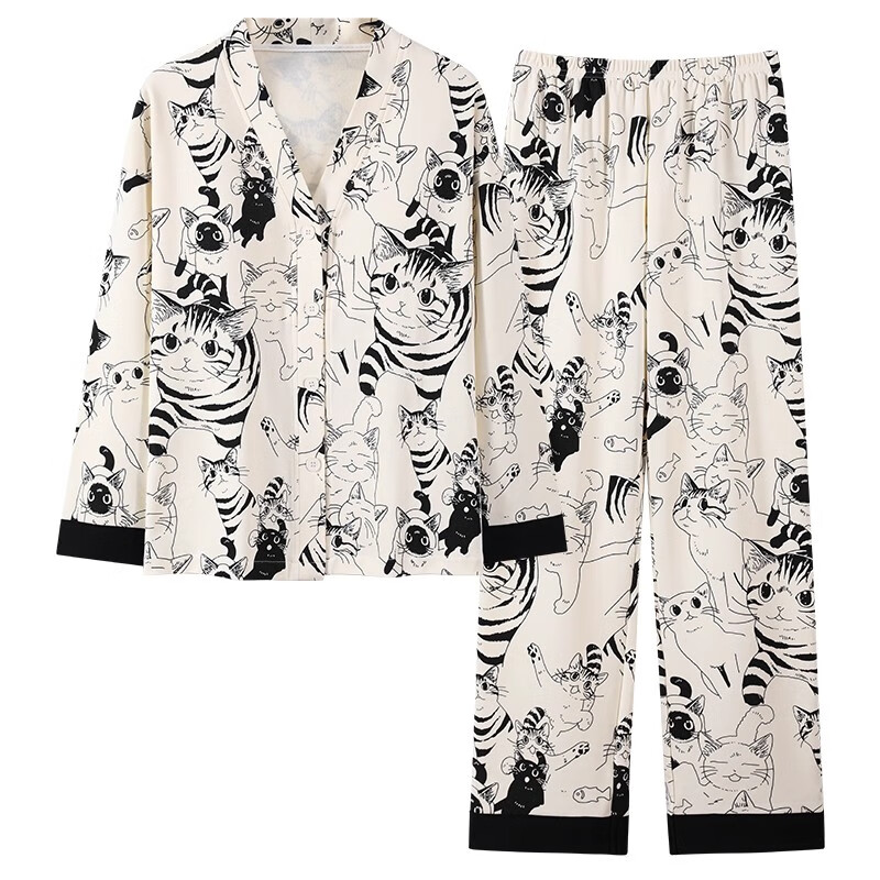 雅鹿睡衣女士带胸垫家居服套装长袖长裤春秋季薄款和服领开衫可外穿 H2284虎猫(带胸垫) L 【建议90-110斤】
