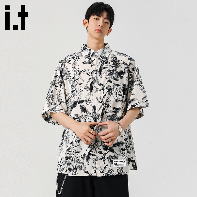 :CHOCOOLATE it碎花短袖襯衫男士2025夏季新款冰絲沙灘寬松花襯衫 白花色 L 【建議110斤-130斤】