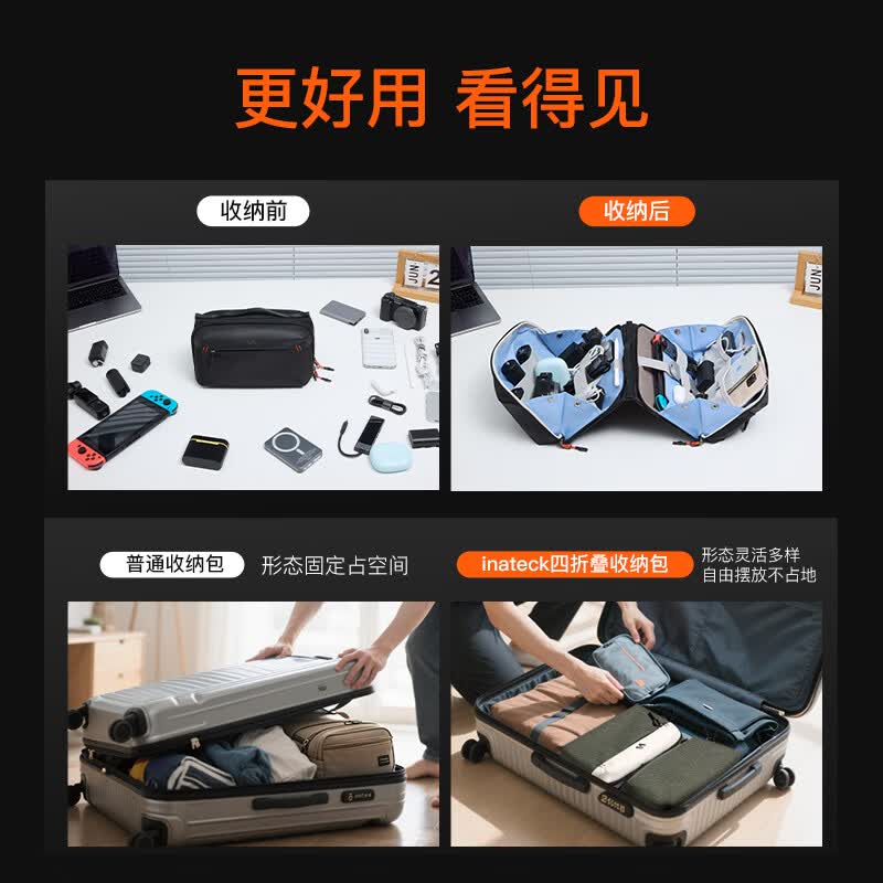 inateck四折叠火山收纳包数码配件数据线充电宝电源配件收纳袋桌面收纳袋 驰骋黑 带肩带