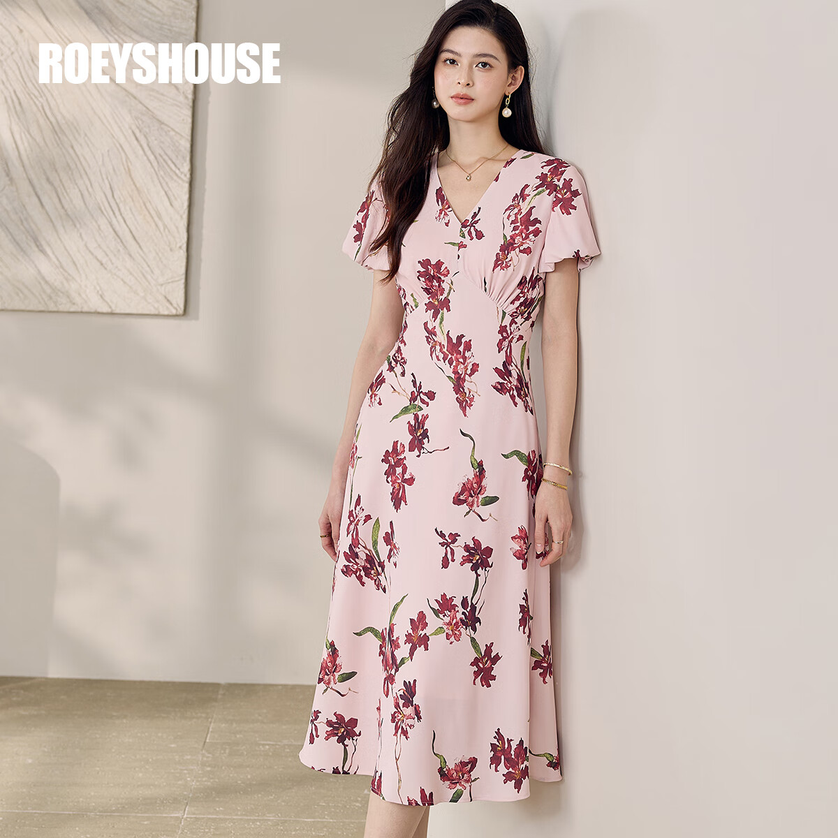 ROEYSHOUSE罗衣气质灯笼袖花色连衣裙2025夏季新款褶皱修身大摆中长裙12146 花色 L