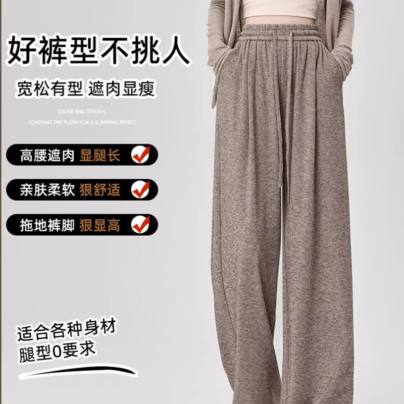 浪莎休闲糯米裤女2025秋冬新款小个子宽松垂感阔腿裤加厚加绒保暖裤子 深灰色 【软糯显瘦春秋款】 L 【推荐111-125斤】
