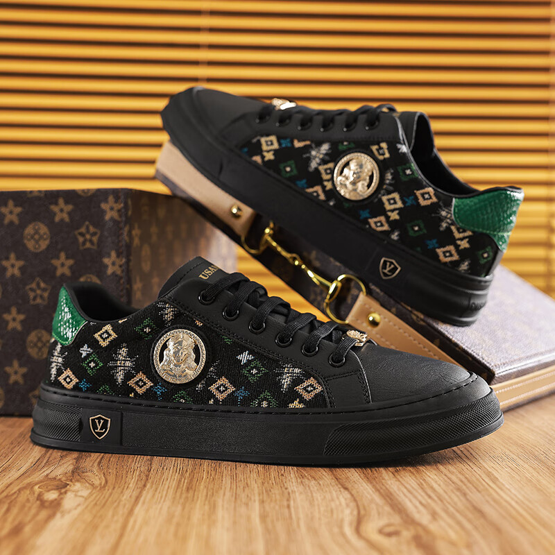 杜莎米娅夏季男鞋潮流新款透气小白鞋重工刺绣手工男士休闲鞋低帮防滑板鞋 黑色 44