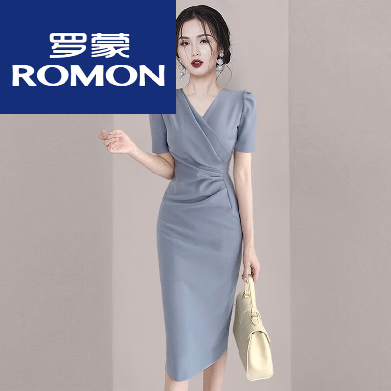 罗蒙连衣裙新款感名媛职业V领包臀裙2025夏季女装轻奢御姐范修身裙子 蓝色 L 105-115斤