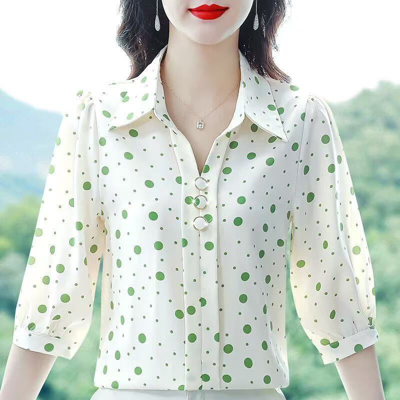 BJORN MOAN女士波点衬衫洋气2025春秋新款七分袖印花衬衣时尚减龄夏季小衫女 黑色 3XL 135-145斤