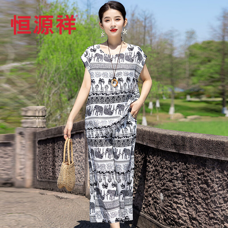 恒源祥25新款夏季妈妈感套装大码休闲中老年女装上海棉绸两件套外穿 20# 7XL 建议185-200斤