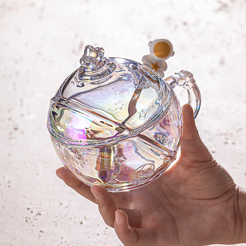 乐唯诗（LOVWISH）星空球杯玻璃杯带盖勺高颜值女生咖啡早餐喝水杯家用设计感燕麦杯 星球杯极光彩【含盖送勺】320ml*1