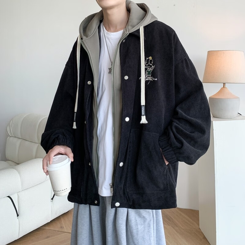 寧墅13男孩子夾克14初中學(xué)生外套17春秋裝18歲青少年高中生連帽上衣 黑色 M 男靚仔個(gè)性帥氣b