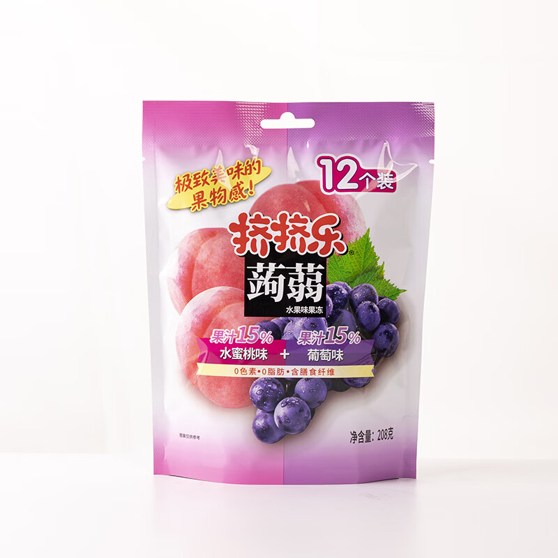 水果妹妹挤挤乐蒟蒻满分果冻 袋装208g 蜜桃葡萄味 0脂小果冻果汁儿童零食