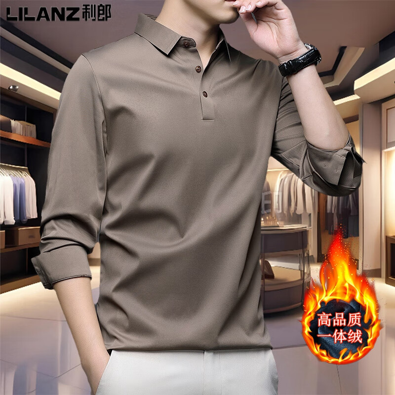 利郎男装商务长袖加绒T恤秋冬季新款桑蚕丝免熨烫男士高端行政T恤衫 225-黑色 加绒 L 170/建议120-140斤